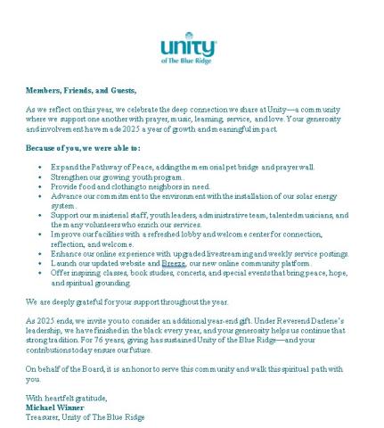 YE letter to Unity Community